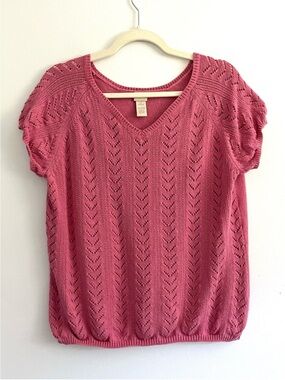 Vintage J. Jill Dusty Rose Eyelet Knit V-Neck Petite Top Grandmacore Cottagecore